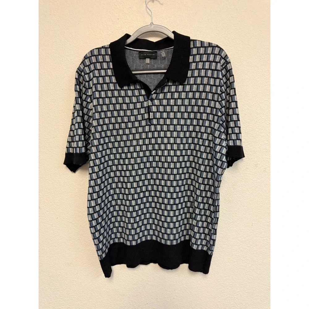Elie Tahari Mens Blue Black Geometric Knit Polo Shirt Short Sleeve Wool Blend L